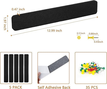 5 Pack Felt Pin Board Bar Strips Bulletin Board for Bedrooms Offices Home Wall Decoration, Notice Board Self Adhesive Cork Board with 35 Push Pins for Paste Notes, Photos, Schedules (Black)