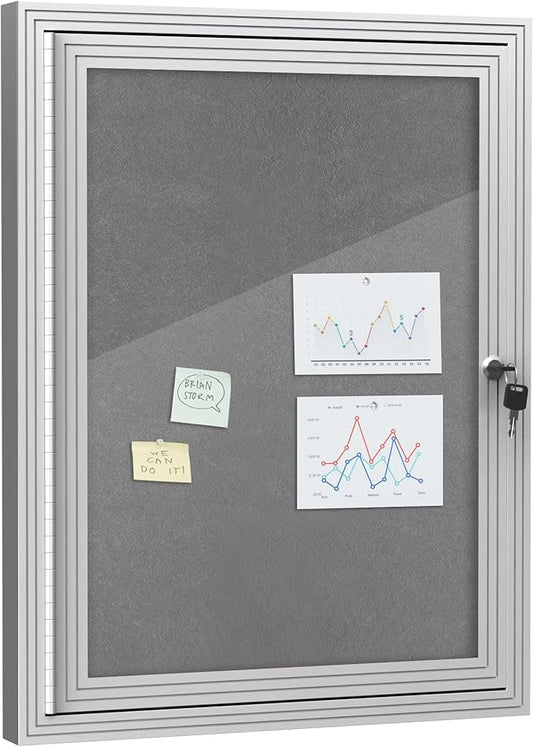 26"x20" Enclosed Bulletin Board, Outdoor Lockable Weather-Resistant Aluminum Cork Noticeboard for School & Office, Silver Frame w/Grey Flet