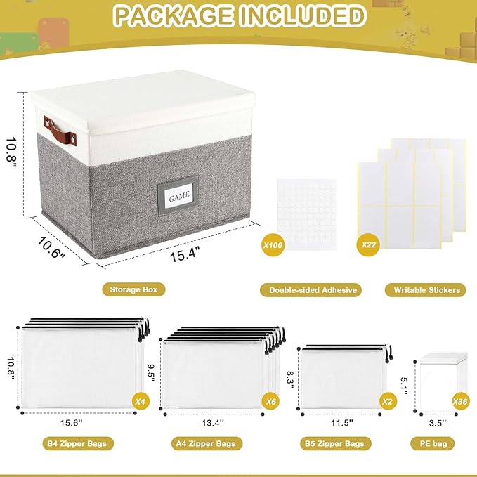 Board Game Storage, Board Game Organizer with 12pcs Zipper Bags and Writable Stickers, Board Game Organizers Storage with Lid for Office Supplies, Puzzles, Video Game, Craft Product