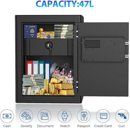 WASJOYE Fingerprint Biometric Safe Box Fireproof - Fingerprint Safe Box with Fireproof Lock Box, 2.5 Cubic Feet Fingerprint Safe for Home Office Hotel Jewelry Cash Documents Valuables Storage