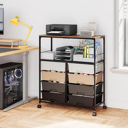 8 Drawers Rolling Storage Cart with Wooden Top, Multipurpose Utility Cart with Opening Shelf & Lockable Wheels, Storage Drawer Cart Organizer for Home Office Craft Room Classroom, Brown