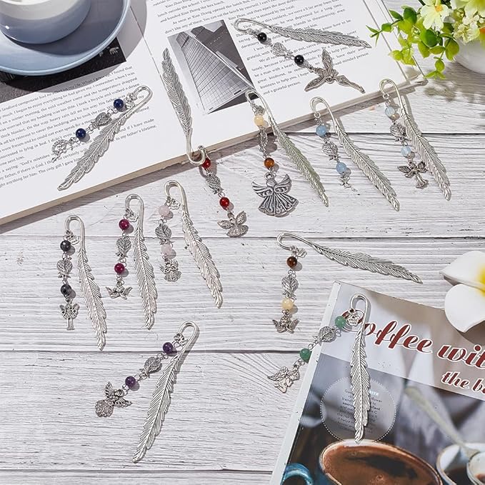 12pcs Feather Metal Bookmarks Crystal Bookmarks Vintage Gemstone Beading Bookmarks Alloy Angel Book Markers for Office School Reading Book Lovers Teacher's Day Christmas Birthday Gifts