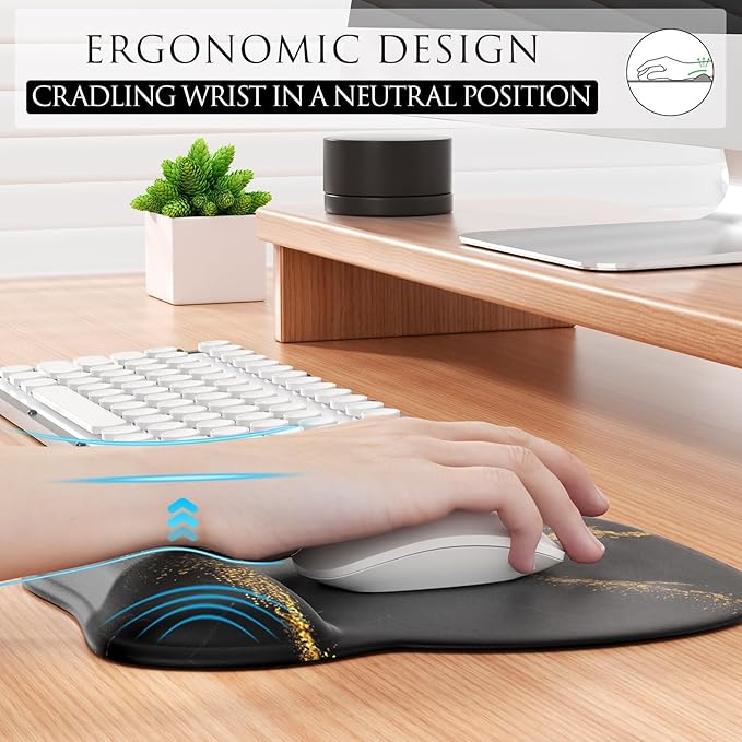 MROCO Ergonomic Mouse Pad with Gel Wrist Rest, Comfortable Mousepad with Smooth Wrist Support Surface and Non-Slip PU Base for Pain Relief, Computer, Laptop, Office & Home, 9.4 x 8.1 in, Black Gold