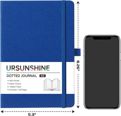 Dotted Journal/Notebook - Dot Grid Hard Cover Notebook, Premium Thick Paper with Fine Inner Pocket, Black Smooth Faux Leather, Pen Loop, 5.3'' x 8.26'' - Deep Blue