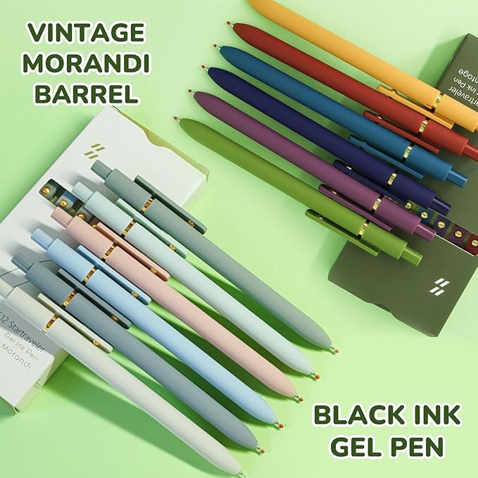 UIXJODO Gel Pens, 12 Pcs Black Ink Pens for Women, 0.5mm Fine Point Smooth Writing Pens, High-End Series Retractable Pens for Journaling Note Taking (12 Pcs Gold Morandi and Vintage)