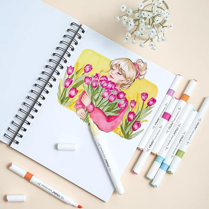 Ohuhu Markers for Adult Coloring Books No bleeding 64 Colors Water-based Coloring Markers Dual Tips Chisel & Brush Drawing Pens Art Markers for Kids Adults Beginners Lettering Journaling