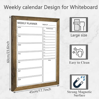 Dry Erase White Board Weekly Calendar Board, Magnetic Whiteboard for Wall,18“x24 Solid Wood Rustic Brown Framed Message Board, Planner Board for Office, Home, School(Weekly-BB-RB-4560)