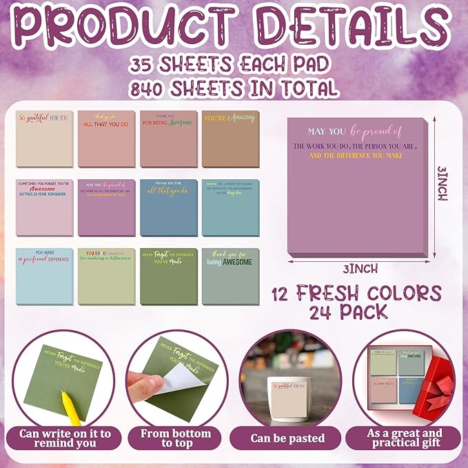 Yinder 24 Pcs Employee Appreciation Sticky Notes Thank You Gifts Bulk Note Pads with Sayings Teacher Gift Mini Pocket Inspirational Notepads for Coworker Office Supply 3 x 3'' (Classic,Thanks)