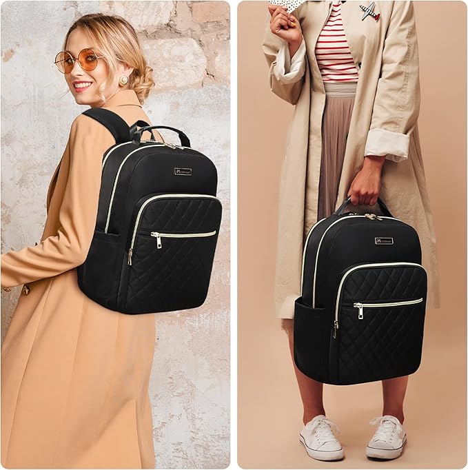 Modoker 15.6 Inch Laptop Backpack, Quilted Work Backpack for Women Bookbag Teacher Backpack with USB Charging Port, Travel Backpack Purse for Women Nurse, Black