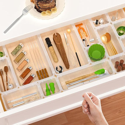 27 PCS Clear Plastic Drawer Organizers Set, 4-Size Versatile Bathroom and Vanity Drawer Organizer Trays, Storage Bins for Makeup, Bedroom, Kitchen Gadgets Utensils and Office