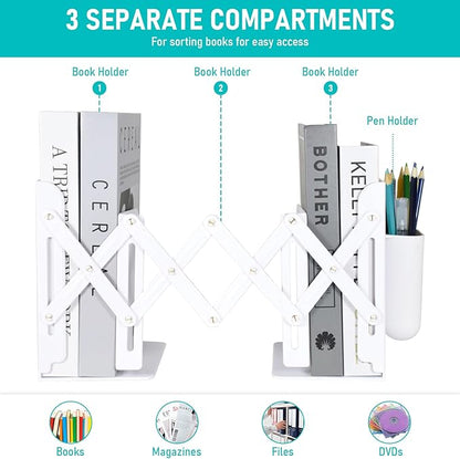 SAYEEC Adjustable Bookends with Pen Holder Expandable Book Ends for Heavy Books Plastic Desk Book Holder Stand Stopper Rack Magazine Binder Organizer for Shelves Bookcase Office School Home (White)