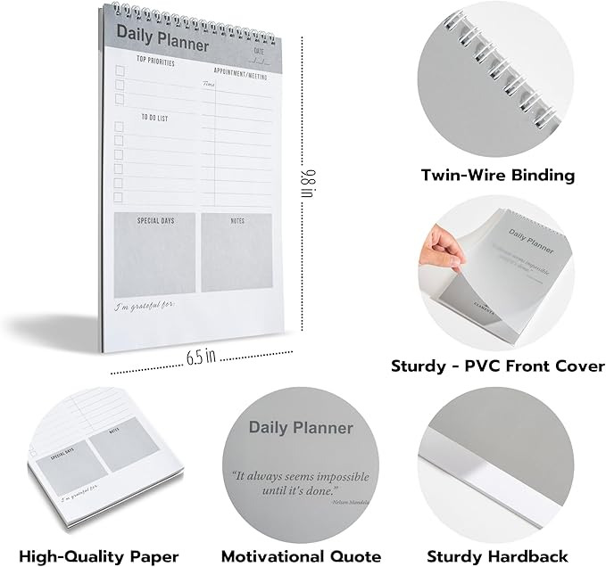 Daily Planner Notebook, To Do List Notepad, Spiral Notebook, Undated-52 Sheets-6.5" x 9.8" Checklist, Notebooks for Work, Personal Organizer Notepad, Daily Task Notebook (Gray)