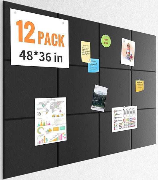 Smarpau Large Cork Board for Walls 48"x36" Black Cork Bulletin Board 12 Pack Felt Wall Tiles with Pushpins Pin Board Tack Board for Office Home Decoration
