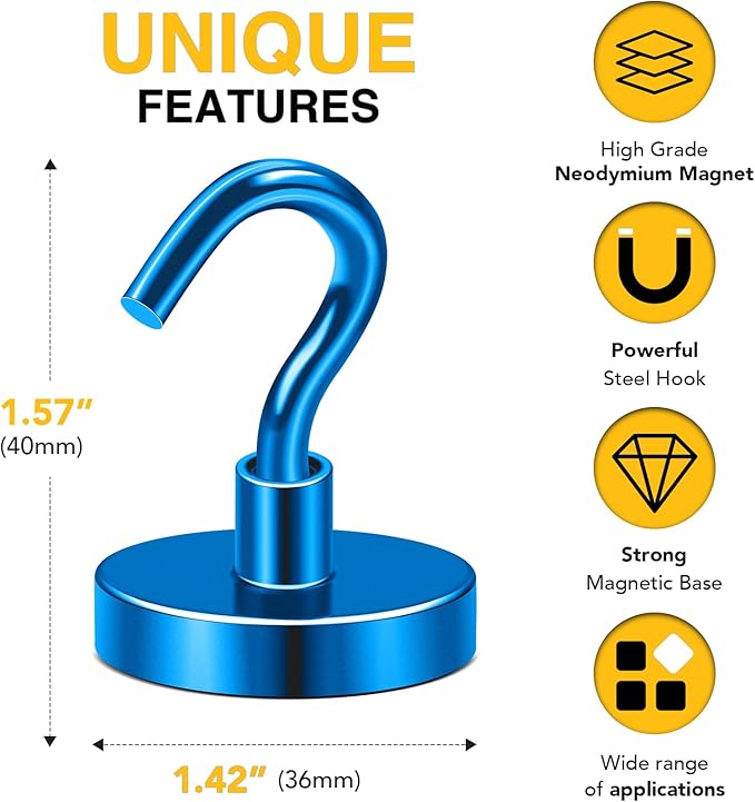 DIYMAG Blue Magnetic Hooks, 150 LB Heavy Duty Strong Magnets with Hooks, Strong Rare Earth Neodymium Magnet Magnetic Hooks for Cruise Cabins Cruise Ship Essentials 20 Packs