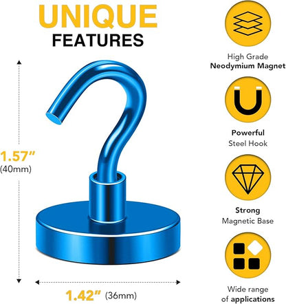 DIYMAG Blue Magnetic Hooks, 150 LB Heavy Duty Strong Magnets with Hooks, Strong Rare Earth Neodymium Magnet Magnetic Hooks for Cruise Cabins Cruise Ship Essentials 20 Packs