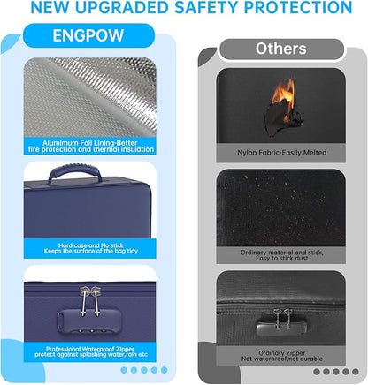 ENGPOW 5200℉ Fireproof File Organizer Bag with 13 Pocket Accordion File Folder,Document Organizer Box with Lock&Labels,Multi-Layer Portable Home Travel Safe Storage Box for Important Documents,Blue