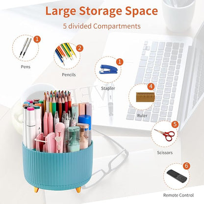 Desk Pencil Pen Holder, 5 Slots 360°Degree Rotating Organizers for, Desktop Storage Stationery Supplies Organizer, Cute Cup Pot Office, School, Home, Art Supply, Blue