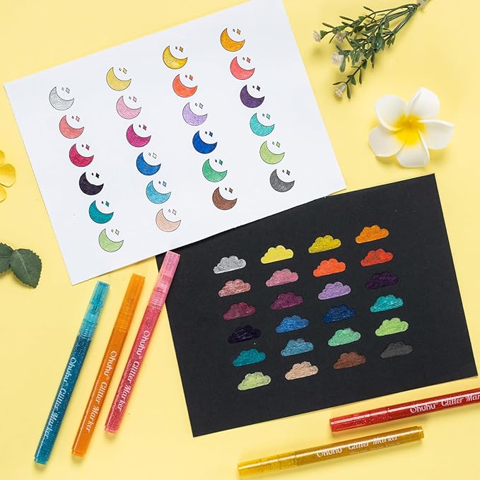Ohuhu Glitter Markers Pen 24 Glitter Colors Fine Point Tip Water-based Metallic Shimmer Markers for Kids Adults DIY Crafts Greeting Birthday Cards Drawing Coloring Poster Album Scrapbooking Mugs Wood