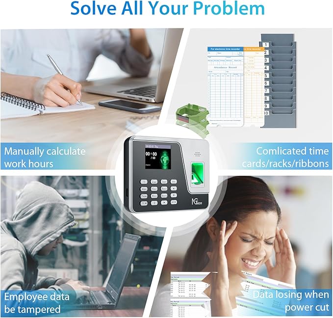 NGTeco Time Clocks for Employees Small Business, Upgraded Fingerprint Time Clock Supporting Shift Schedules, Standalone Time Card Machine Automatic Punch in Out (No Need WiFi)