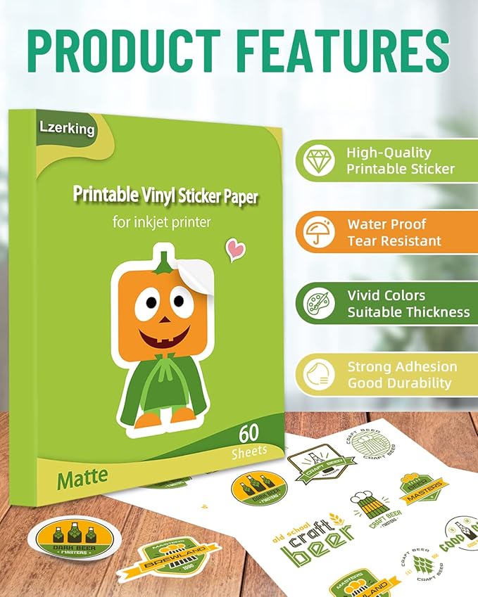 Lzerking Printable Vinyl Sticker Paper for Inkjet Printer - Matte White 60 Sheets Self-Adhesive Waterproof Decal Printable Sticker Paper - Standard Size 8.5x11 Inches