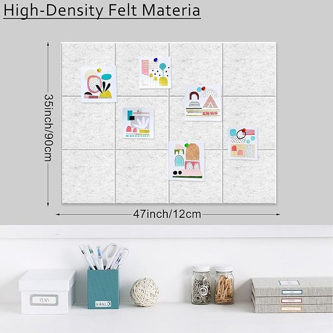 Large Cork Board Alternative for Walls, 47"x35" 12 Pack Felt Wall Tiles Bulletin Board with 30 Push Pins, Sticky Notes, Cork Boards for Office Pin Board Tack Board Felt Boards (Light Gray)