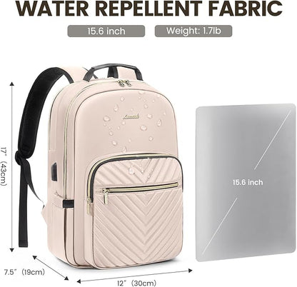 LOVEVOOK Laptop Backpack for Women 15.6 inch,Cute Womens Travel Purse,Professional Computer Bag,Waterproof Work Business College Teacher Bags Carry on with USB Port,Nude