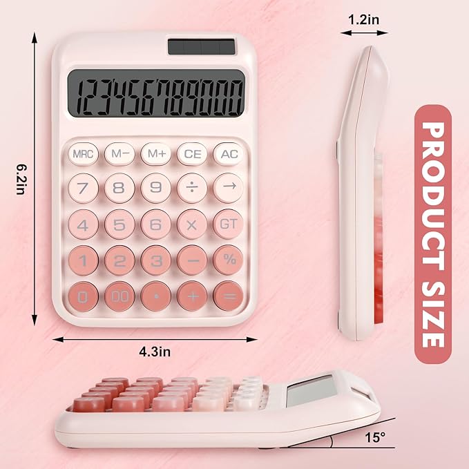 Mechanical Switch Calculator with Big Buttons, Calculators Desktop, 12 Digits, Solar Battery Power, Desk Calculator, Large LCD Display, Cute Pink Calculator for Teachers Students Basic Office