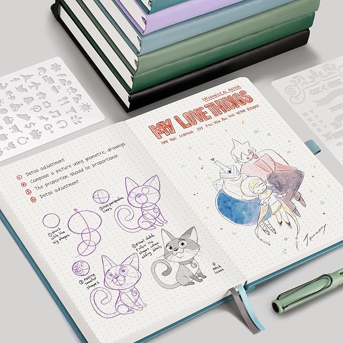 EMSHOI Bullet Dotted Journal Notebook - 320 Pages, 100gsm Thick Paper, A5 Hardcover Leather, Dot Grid Notebook for Women Men Work Writing, Bullet Journaling, Drawing, 5.75 x 8.38, Black