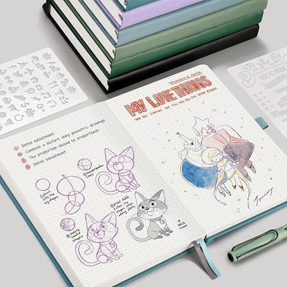 EMSHOI Bullet Dotted Journal Notebook - 320 Pages, 100gsm Thick Paper, A5 Hardcover Leather, Dot Grid Notebook for Women Men Work Writing, Bullet Journaling, Drawing, 5.75 x 8.38, Green