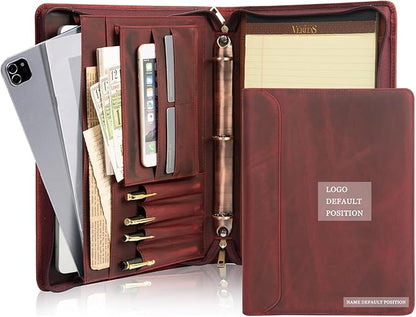 Free Engraved Name, Personalized Leather Binder Portfolio, 3 Ring Binder Business Portfolio for Women, Zippered Padfolio with A4 Clipboard, Organizer for A4 Legal Sized Notepad, Customized Gift, Red