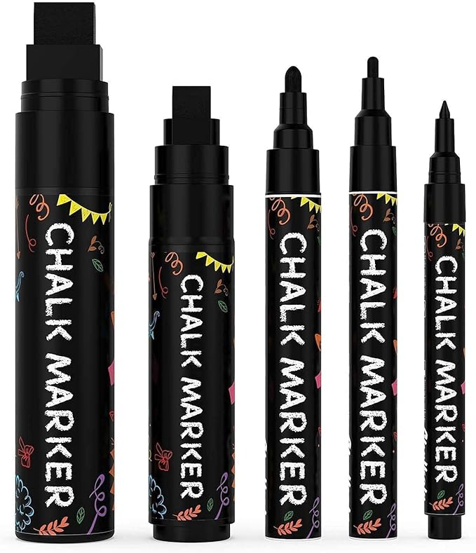 5 Black Chalkboard Chalk Markers - Black Dry Erase Markers for Blackboard, Chalkboard Signs, Windows, Glass | Variety Pack - Fine & Jumbo Size Ink Pen (1mm, 3mm, 6mm, 10mm, 15mm)