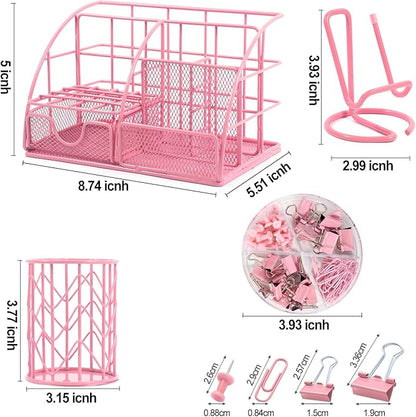JUOPIEA Desk Organizers and Accessories Office Supplies Organizer with Pen Holder, 72 Clips Set and Phone Stand, Metal Mesh Desktop Organizers with Drawer for Home, Office, School Ect