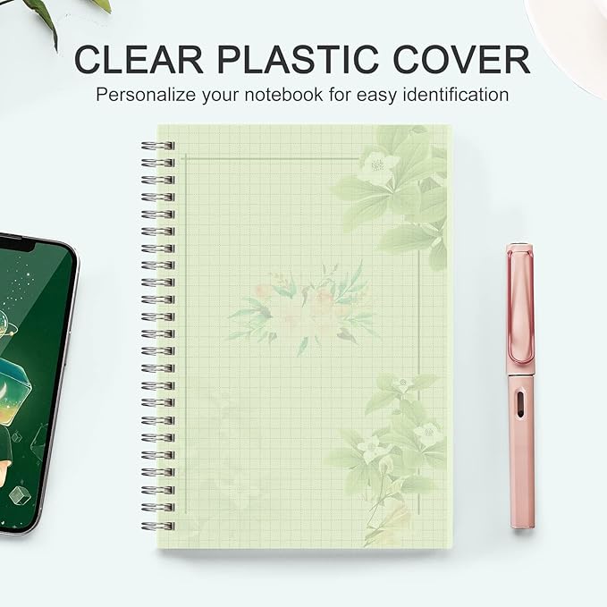 AHGXG Graph Paper Notebook 3 Pack - A5 Grid Spiral Notebook, 100gsm Thick Graph Paper, Transparent Hardcover, for Women School Artist Writing Drawing, 80 Sheets, 5.7"x 8.3", Yellow, Green, Pink