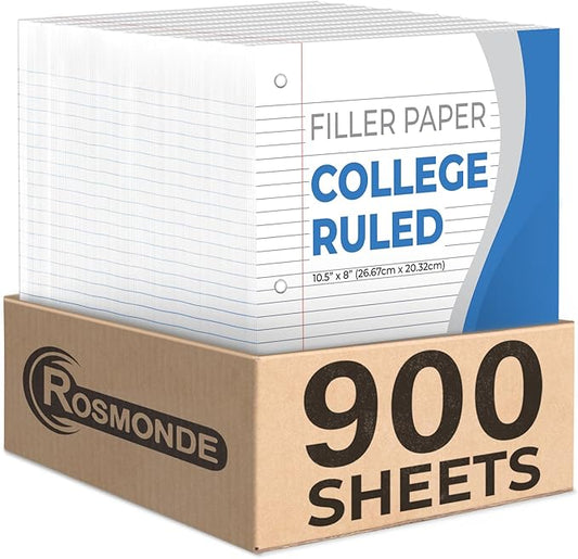 Loose Leaf Paper, 900 Sheets, 6 Pack, College Ruled, 8" x 10.5", 56 gsm Bulk Office Filler Paper, 3 Hole Punched, 150 Sheets/Pack, College Ruled Paper for 3 Ring Binder, Notebook Paper, White