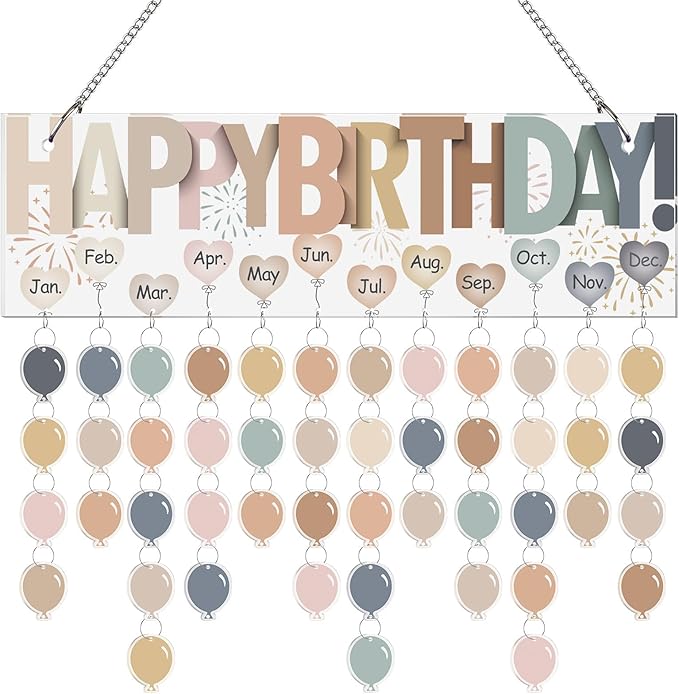 Eersida Birthday Calendar Wall Hanging Family Birthday Plaque with Tags Acrylic Birthday Reminder Calendar Board Classroom Birthday Reminder 120 Tags Christmas Party Gifts Home Decor(Boho Color)
