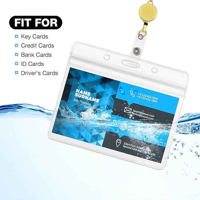 Outus 2 Pieces Badge Lanyard with ID Holders Stainless Steel Badge Holders Necklace Retractable Reel Clip Chain Water Resistant Name(Gold)