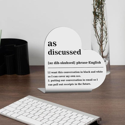 Funny Office Home Decor, Home Office Desk Accessories for Women Men, Heart Stainless Steel Plaque Sign for Desk Table Book Shelf Decor(As Discussed Noun Definition)