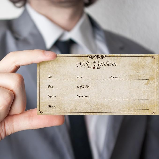 Sinmoe 50 Sets Gift Certificate for Business with 50 Pcs Envelopes Blank Gift Certificate Cards with Name and Address Rustic for Beauty Salon Restaurants Birthday(5.91 x 3.94 Inch, Vintage Style)