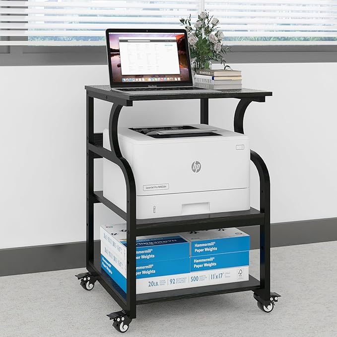 Natwind Large Printer Stand,24''x20''x29''Printer Table with Adjustable Storage Shelf,3 Tier Rolling Printer Cart with Wheels,Home Office Multifunctional Shelves for Heat Press,3D Printer (Black)