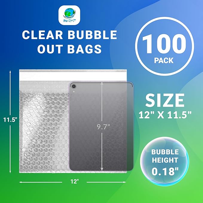 Clear Bubble Out Bags, 12 x 11.5 Inches. 100 Pack Self Seal Bubble Pouches. Polyethylene Clear Bubble Bags for Packing. Waterproof Clear Bubble Out Pouches for Fragile Things