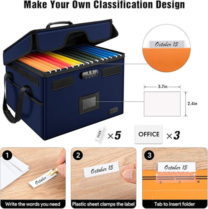 AMBOR File Box with Lock, Fireproof Document Box with 5 Tabs & Inserts, Collapsible File Organizer with Handle for Letter & Legal Size Folder/Certifications/Books Storage, Blue