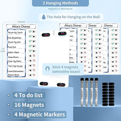 4 Pcs Chore Chart for Kids: Dry Erase My Chores Slider Chart, Magnetic Visual Schedule for Fridge, Kids Daily Checklist - ADHD Tools: to Do List and Routine Chart for Multiple Kids (Blue 4-pack)