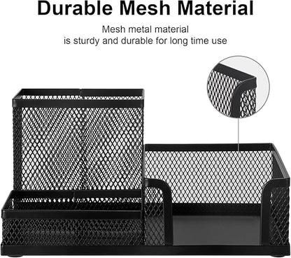 Comix Mesh Pen Pencil Holder Desk Organizer, 3 Compartment Wire Desktop Pen Pencil Cup Caddy Office Supplies Accessories for Home Office School, Black(2 Pack)