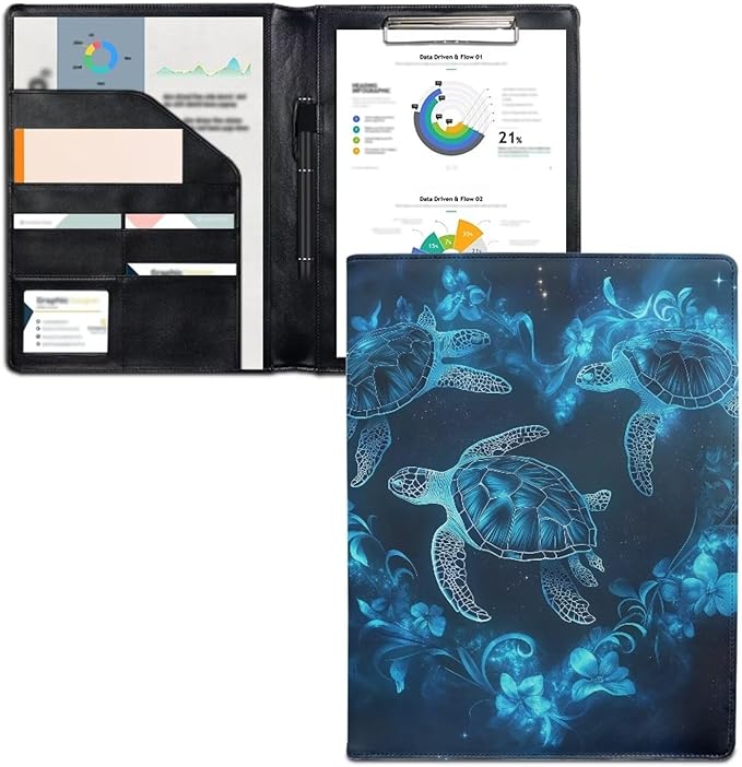 Cozeyat Heart Shape Sea Turtle Padfolio Portfolio Leather Binder for Women, Interview Legal Document Organizer Business Card Holder Letter Sized Writing Pad File Folders