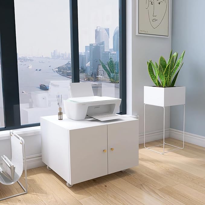 Under Desk Printer Stand with Wheels, Low Printer Stand Storage, Filing Cabinet with Paper Storage Shelf, File Carts with 2 Doors, Mobile Printer Holder for Home Office, School, White