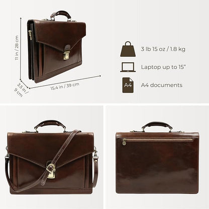 Time Resistance Leather Briefcase for Men - Business Laptop Bag - Italian Handmade Leather Bag - Attache - Gift Box Included