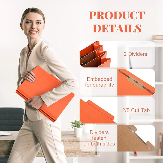 48 Pcs Classification Folders Bulk 2 Dividers File Folder with Fastener 2 Prongs Letter Size Pressboard Filefolders with 3.5 Inch Expansion for Organize Office Medical Document (Orange)