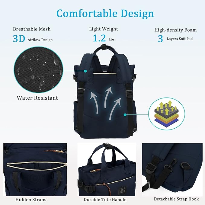 BASICPOWER Backpack Purse for Women Tote Bag Travel Laptop Bookbag Work Nurse Teacher Bag 15.6-in Computer Navy