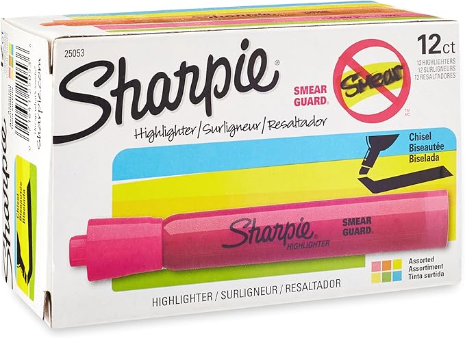 Sharpie Tank Style Highlighters, Chisel Tip, Assorted, Box of 12