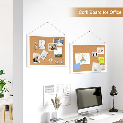 2-Pack Double-Sided Cork Board, 16" x 12" Hanging Wood Framed Small Bulletin Board, Picture Display Vision Board Kit Corkboards for Wall Room School Office Decor, 20 Pushpins (Vintage White)